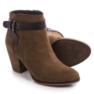 Franco Sarto Dotty Brown Leather Zip Chunky Heel Ankle‎ Booties w/ Straps…